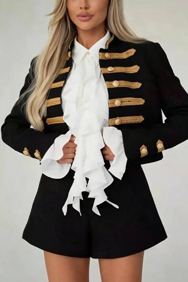 Theatrical Gold-woven Trim Metal Buttons Long Sleeve Crop Jacket