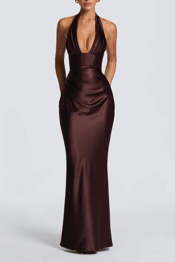 Deep V Halter Satin Waisted Mermaid Evening Gown