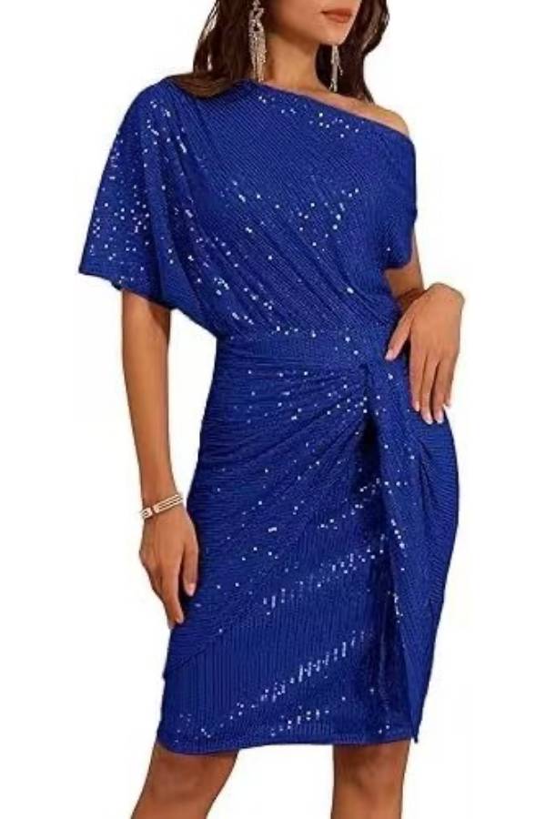 One-shoulder sequined twisted fitted party dress