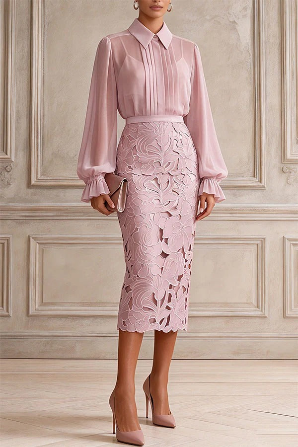 Becka Chiffon Pleated Lantern Sleeve Blouse and High Rise Embroidered Floral Pencil Skirt Set