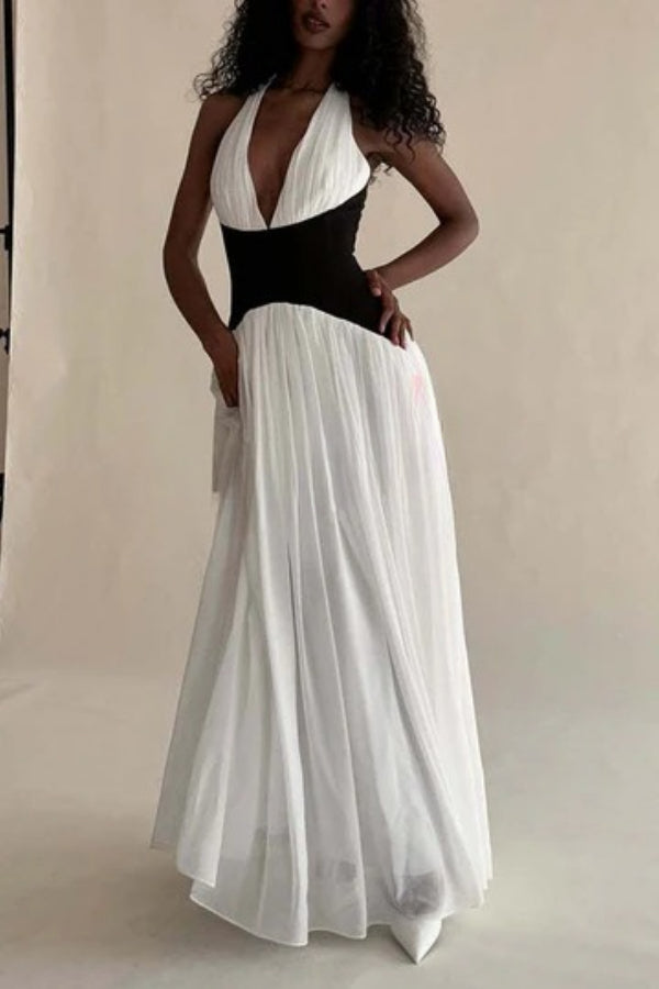 Fashionable Color Matching Sexy Halter Neck Waist Maxi Dress