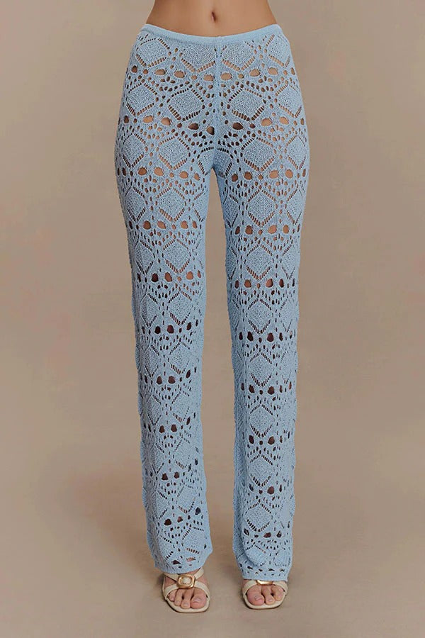 Trena Crochet Knit Hollow Mid Rise Stretch Wide Leg Pants