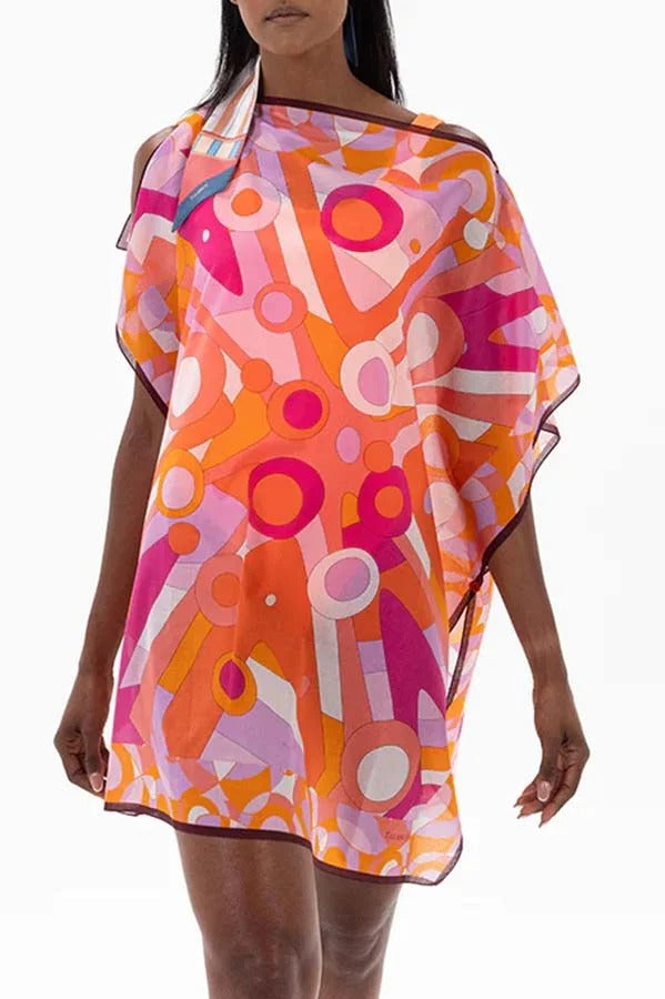 Colorful Circle Unique Print One Shoulder Button Detail Loose Cover-up Mini Dress