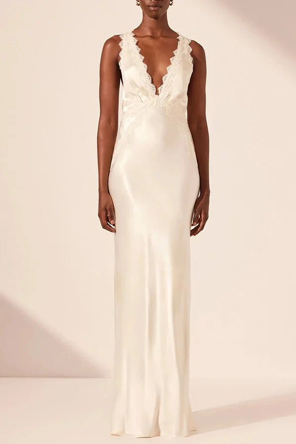 Modern Day Glam Satin Lace Trim V-neck Cross Back Maxi Dress