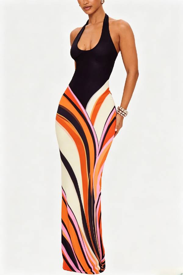 Summer Newness Colorblock Swirl Print Halter Neck Stretch Maxi Dress