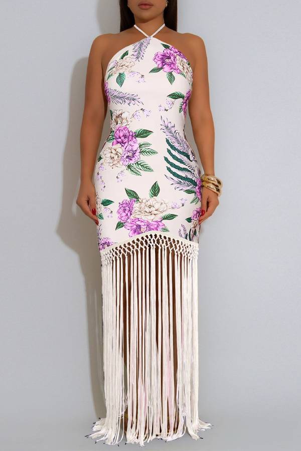Print Halter Fringe Bodycon Maxi Dress