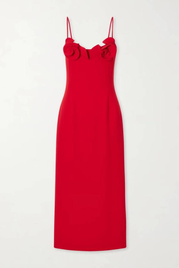Red Rosette Sweetheart Neck Spaghetti Strap Slim Fit Maxi Dress