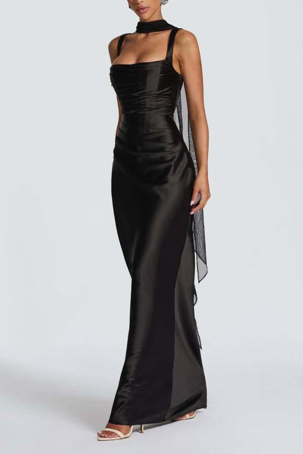 Square Neck Wide Strap Satin Ruched Mermaid Long Evening Dress