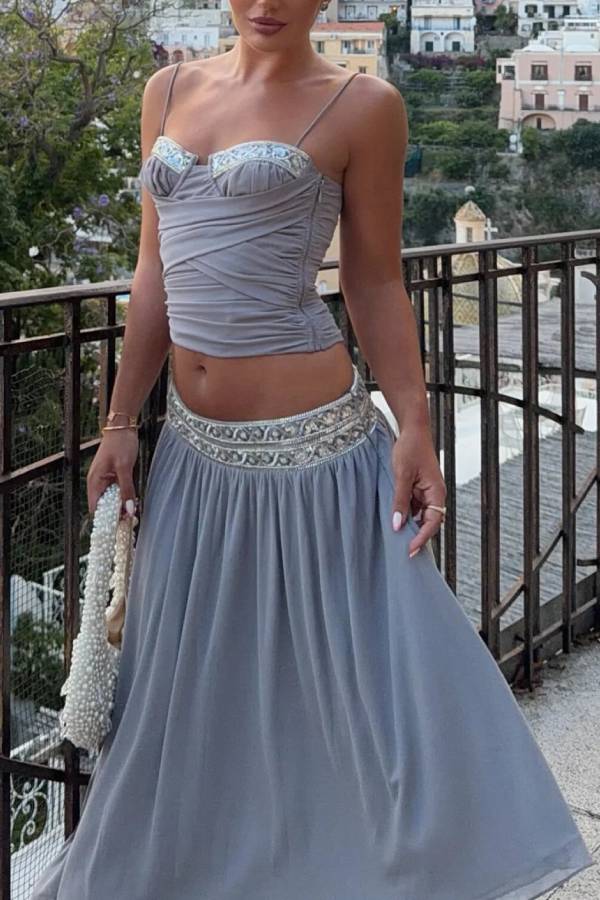 Heavy Beaded Sequin Cross Twist Ruched Cropped Cami Top