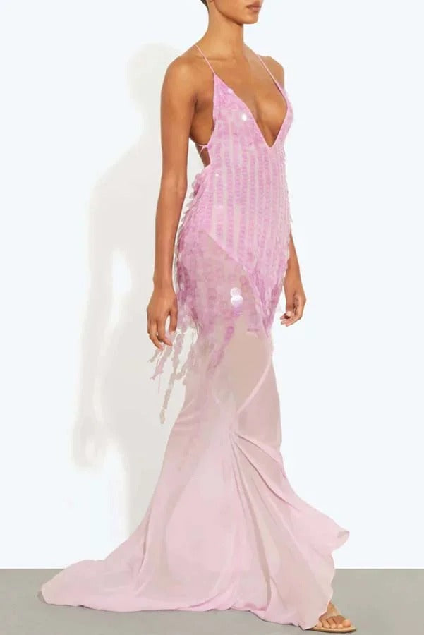Perfect Night Sequin Embroidery Backless Drape Tulle Hem Slip Maxi Dress