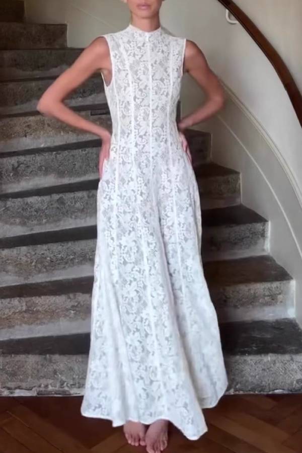 White Stand Collar Sleeveless Heavy Lace Waist-Flared Maxi Dress