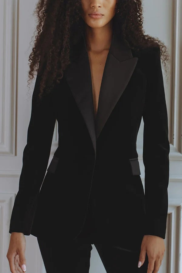 Delicate Daze Velvet Satin Lapel Button Up Long Sleeve Tapered Waist Blazer