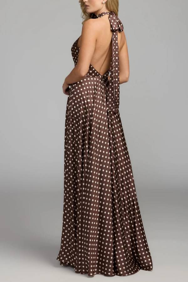 Brown halter-neck maxi dress with polka dots and 3D floral details