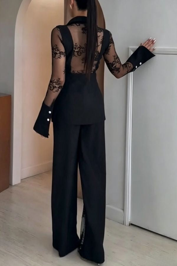 Ninah Lace Patchwork Long Sleeve Diamond Button Pocket Lapel Blazer
