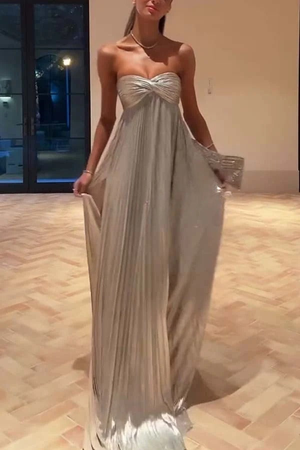 Night Elf Metallic Fabric Pleated Off Shoulder Twist Bust Slit Maxi Dress