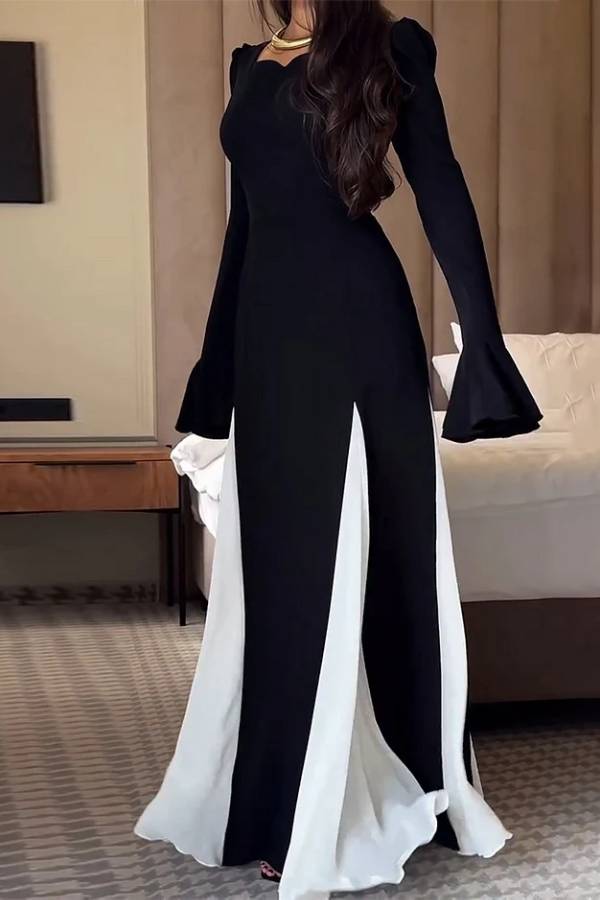 Black And White Flared Long-sleeved Maxi Dress