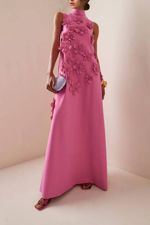 3D Flower High Neck Sleeveless Long Dress