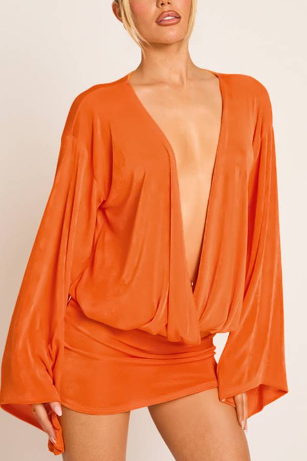 Deep‑V Batwing Long Sleeve Bodycon Mini Dress