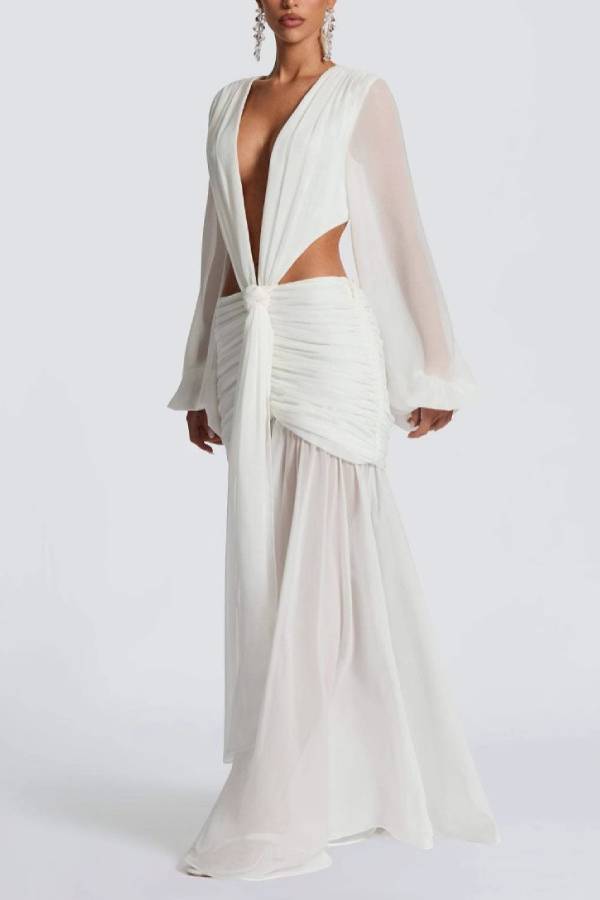 Deep V Lantern Sleeve Chiffon Cutout Maxi Evening Dress