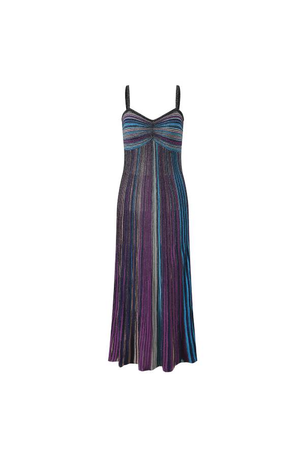 Iridescent Striped Knit Spaghetti Strap Maxi Dress