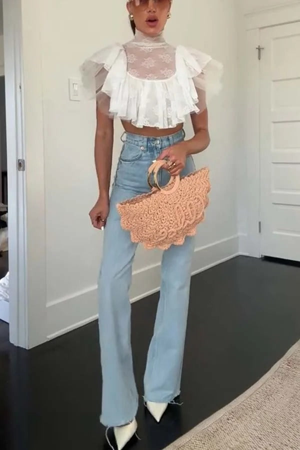 Kathlyn Lace Layered Tulle High Neck Ruffle Cropped Top