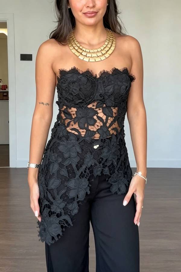 Floral Embroidered Lace Strapless Top