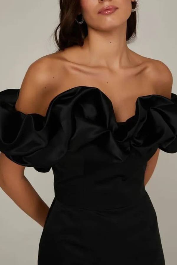 Satin Off-the-Shoulder Ruffled Waist-Tied Mini Dress