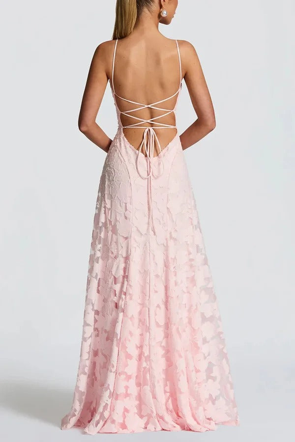 Francis Floral Burnout Jersey Fabric Cowl Neck Back Lace-up Maxi Dress