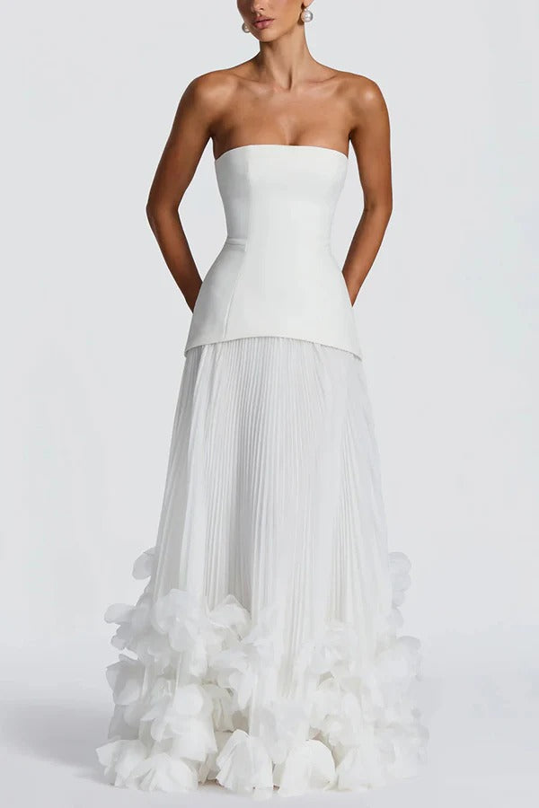 Serafina Strapless Back Lace-up Handcrafted Floral Appliqués Pleated Hem Gown Maxi Dress