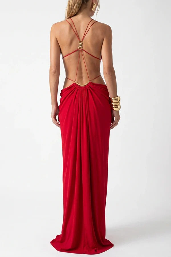 Athena Metal-Link Cutout Design Back Lace-up Drape Maxi Dress