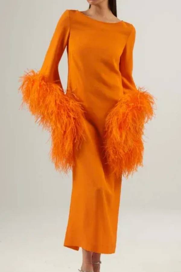 Orange Long Sleeve Feather Trim Cuff Boat Neck Column Midi Dress
