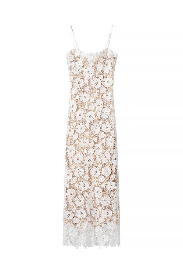 3D Floral Lace Spaghetti Strap Waist-Cinched Tie Maxi Dress