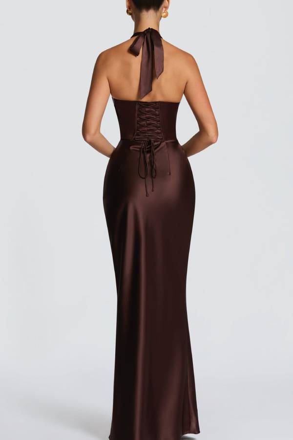 Halter Deep‑V Satin Ruched Mermaid Evening Gown