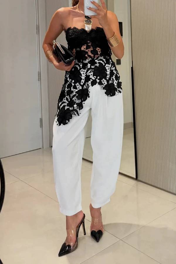 3D Floral Lace Strapless Fitted Tube Top