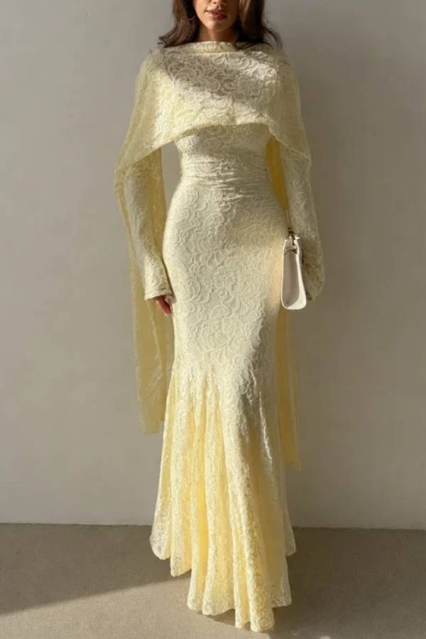 Square Neck Long Sleeve Lace Draped Front Maxi Dress