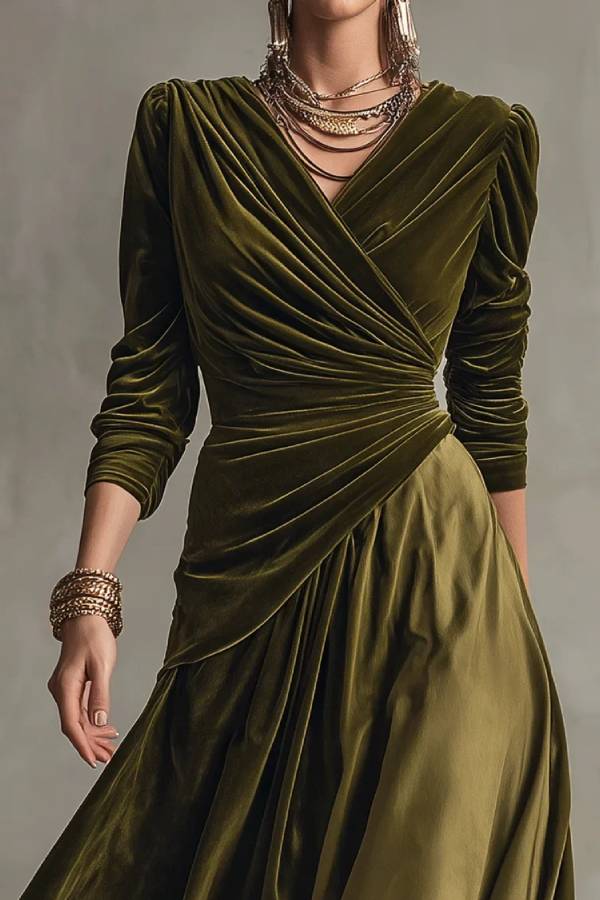 Olive Green Velvet Wrap Top& Satin Pleated Midi Skirt Two-Piece Set