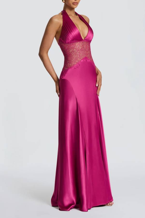 Virella Satin Lace Waist Pleated Halter Neck Straps Back Lace-up Maxi Dress