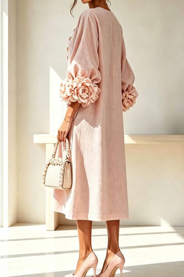 Rima Linen Blend Flowers Button Down Floral Cuffs Half Sleeve Pocket Midi Dress