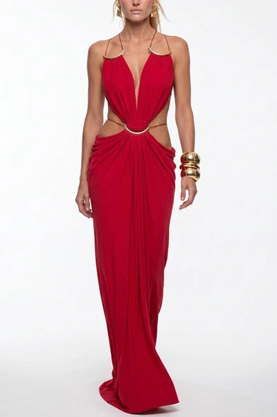 Athena Metal-Link Cutout Design Back Lace-up Drape Maxi Dress