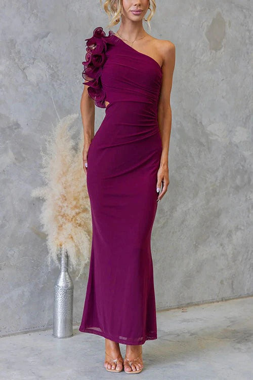 Frill One Shoulder Sleeveless Cut Out Waist Mesh Maxi Dress