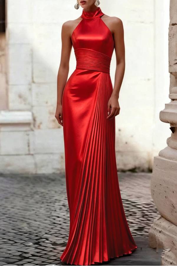 High Neck Halter Waist‑Cinched Pleated Long Evening Gown
