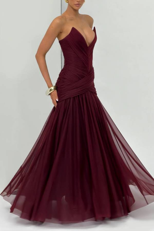 Persephara Pleated Tulle Sweetheart Neck Strapless Back Lace-up Maxi Dress