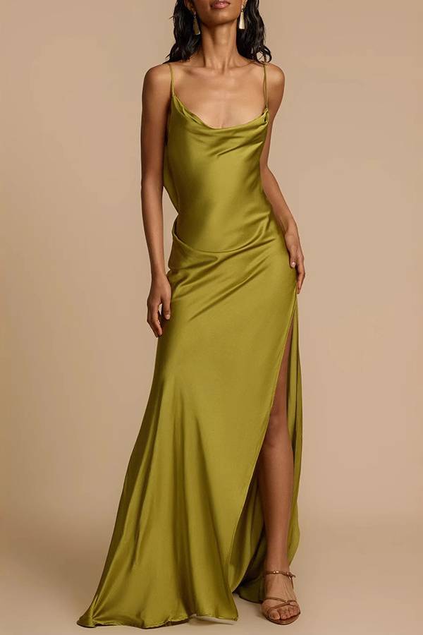 Satin Strappy Backless Slit Maxi Dress
