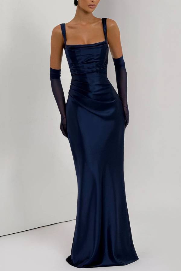 Square Neck Wide Strap Satin Ruched Mermaid Long Evening Dress