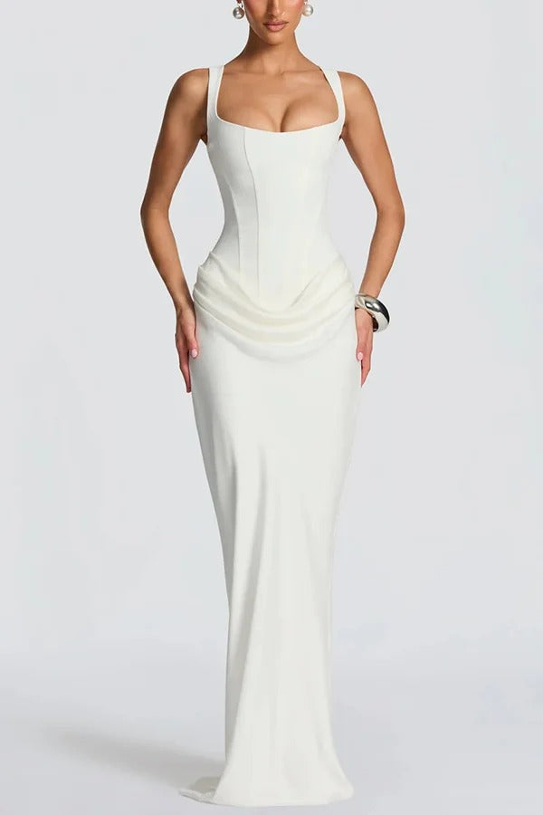 Larrah Square Neck Back Lace-up Satin Drape Hem Maxi Dress