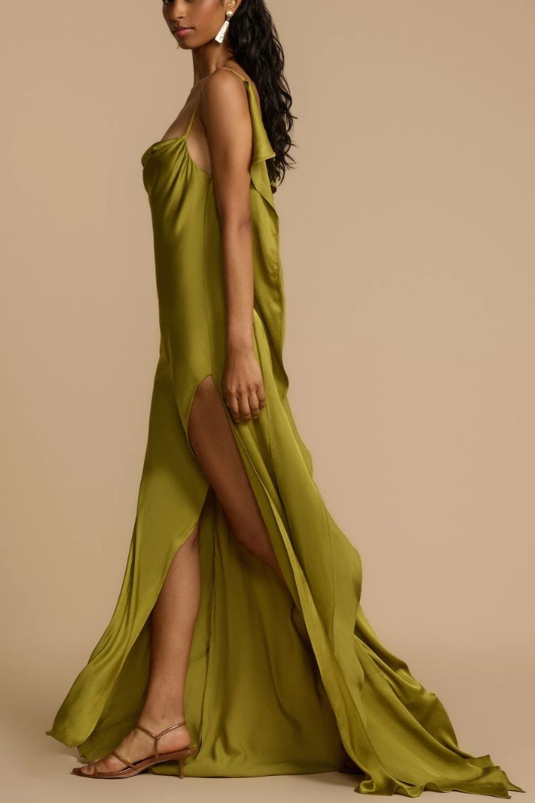 Evening Date Satin Cowl Neck Drape Ruffle Backless Bias Cut Party Maxi Dress
