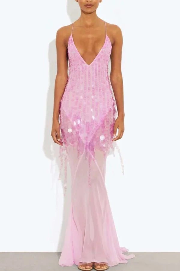 Perfect Night Sequin Embroidery Backless Drape Tulle Hem Slip Maxi Dress