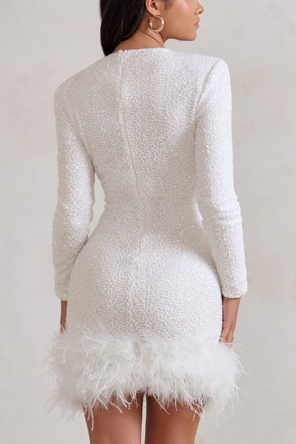 Party Must-have Sequin Long Sleeve Feather Trim Stretch Mini Dress