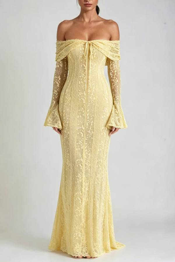 Off‑Shoulder Lace Flare Sleeve Mermaid Evening Gown