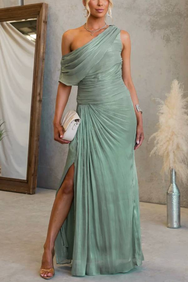 Shimmer One Shoulder Ruched Slit Maxi Dress
